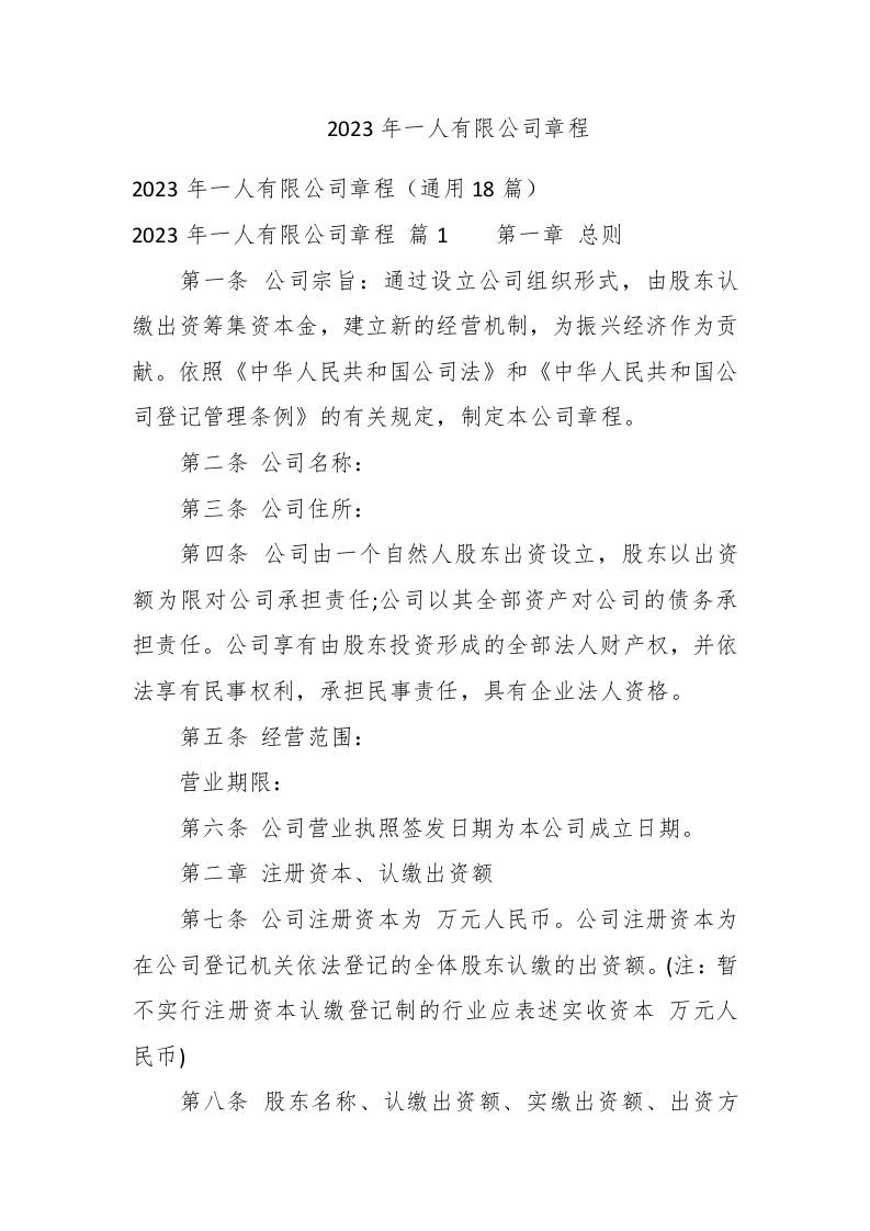 2023年一人有限公司章程 - 新网知识库-新网知识库