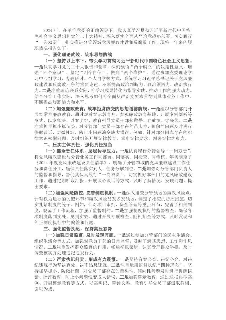 2024年分管领导落实一岗双责和党风廉政责任制建设情况报告 - 新网知识库-新网知识库