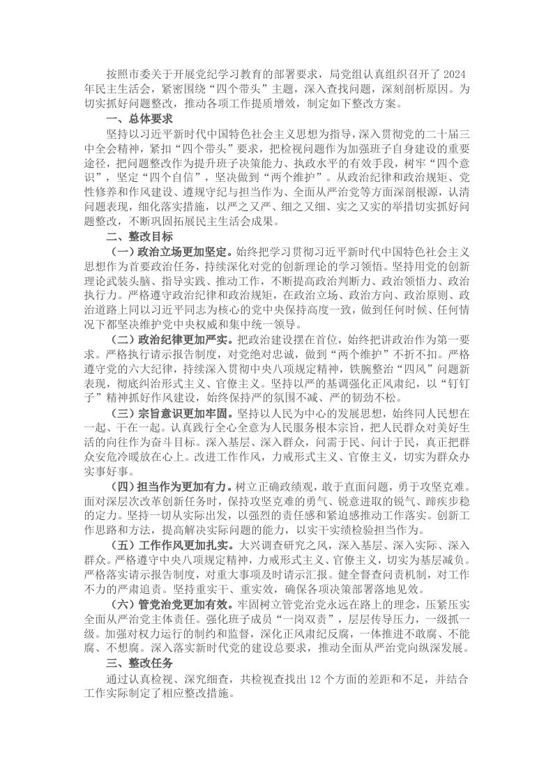 2024年度民主生活会班子检视问题整改方案（四个带头） - 新网知识库-新网知识库