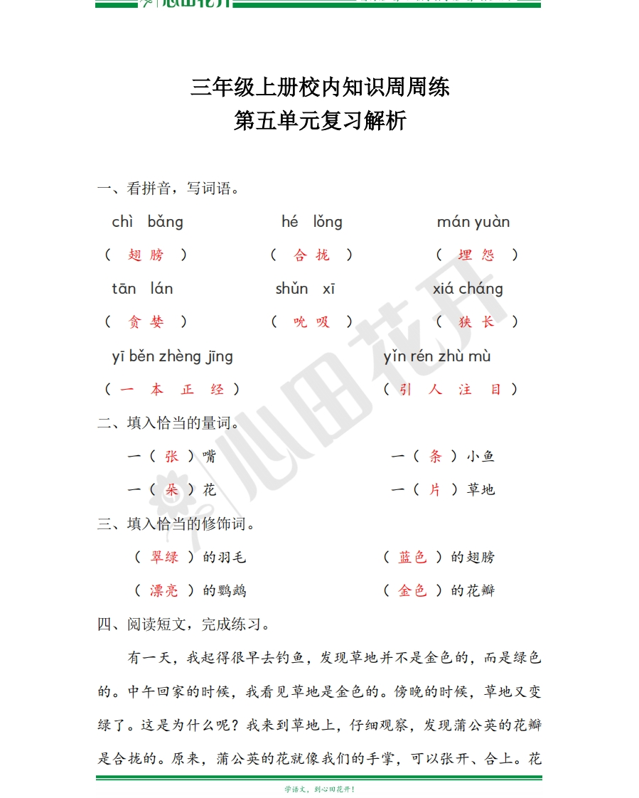 【语文基本功训练营】—三年级上册校内知识周周练第5单元复习解析（部编版） - 新网知识库-新网知识库
