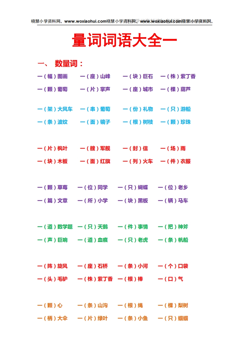 一年级上册下册-小学量词词语搭配汇总 - 新网知识库-新网知识库