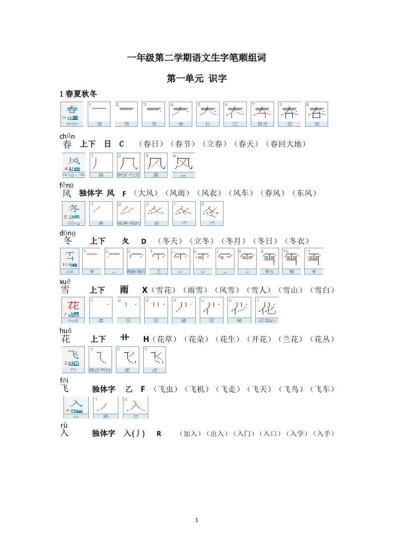 一年级第二学期语文生字笔顺组词（整合版） - 新网知识库-新网知识库