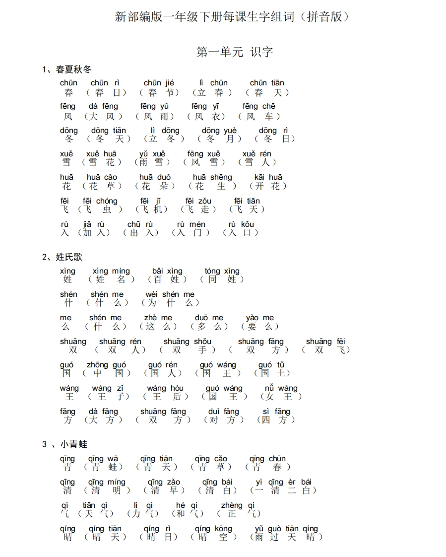 一年级语文下册课文词组拼音版-新网知识库