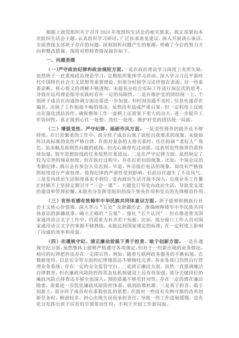 中心党支部2024年度组织生活会对照检查材料 - 新网知识库-新网知识库