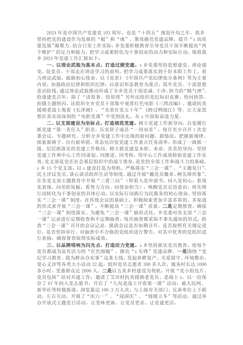 乡2024年度基层党建工作总结 - 新网知识库-新网知识库