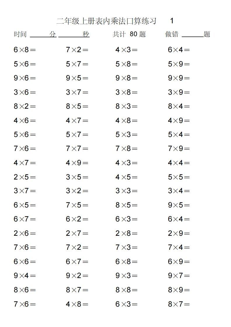 二年级上册数学-乘法表内口算练习题(1) - 新网知识库-新网知识库