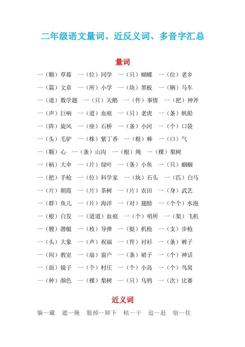 二年级上册语文量词，近反，多音字汇总，好运分享 - 新网知识库-新网知识库