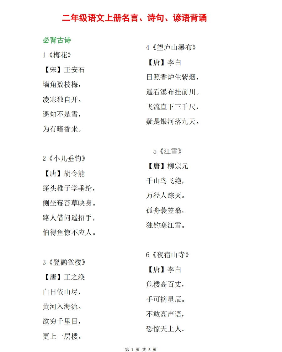 二年级语文上册名言、诗句、谚语背诵(1) - 新网知识库-新网知识库