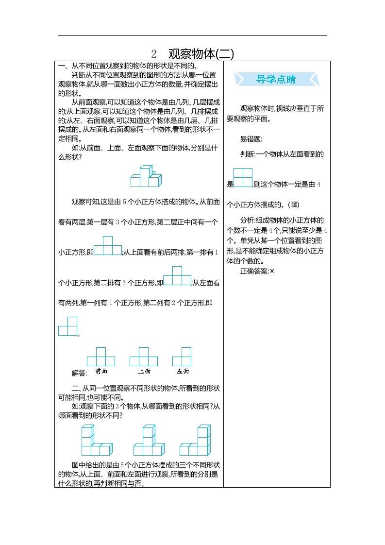人教版四年级数学下册期末单元复习试题（含答案）：2.观察物体（二）-新网知识库