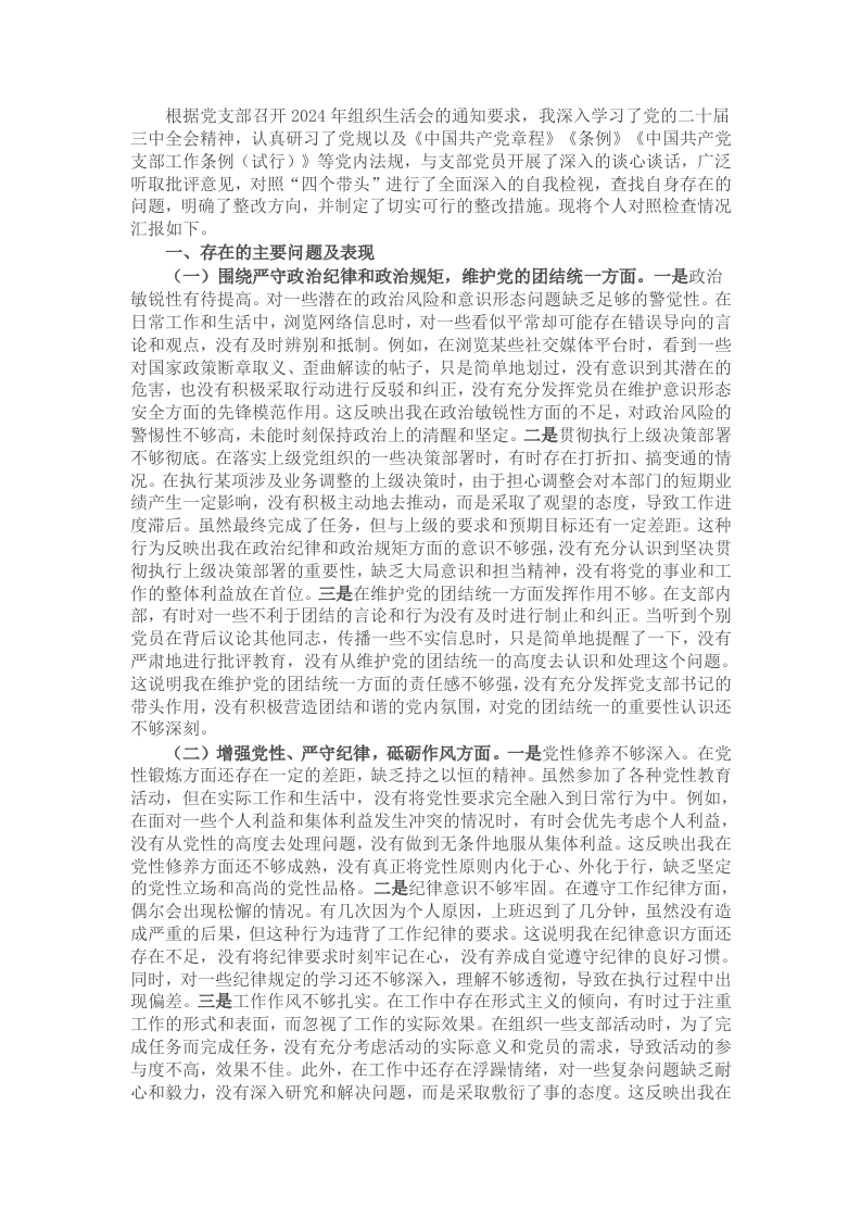 党支部书记2024年组织生活会个人对照检查发言材料 - 新网知识库-新网知识库