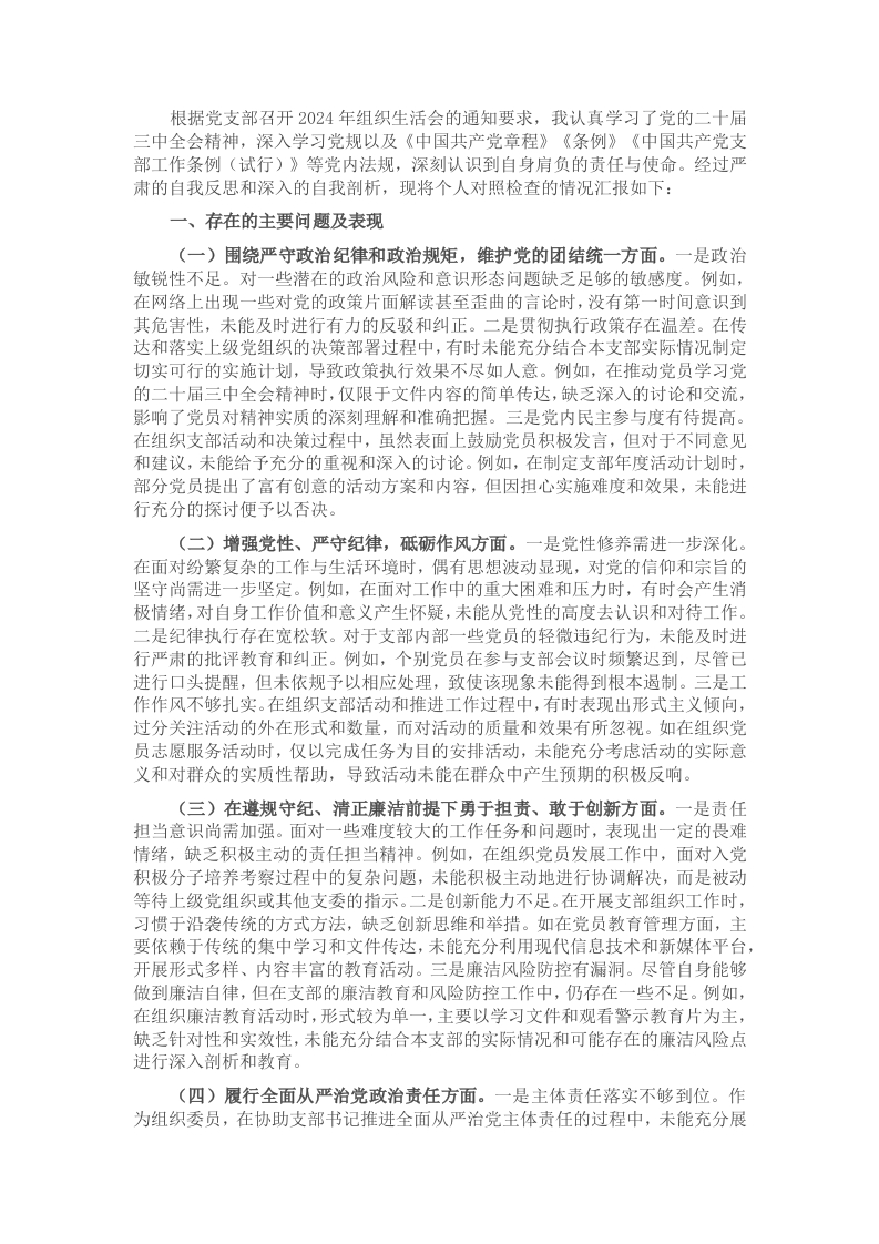 党支部组织委员2024年组织生活会个人对照检查发言材料-新网知识库