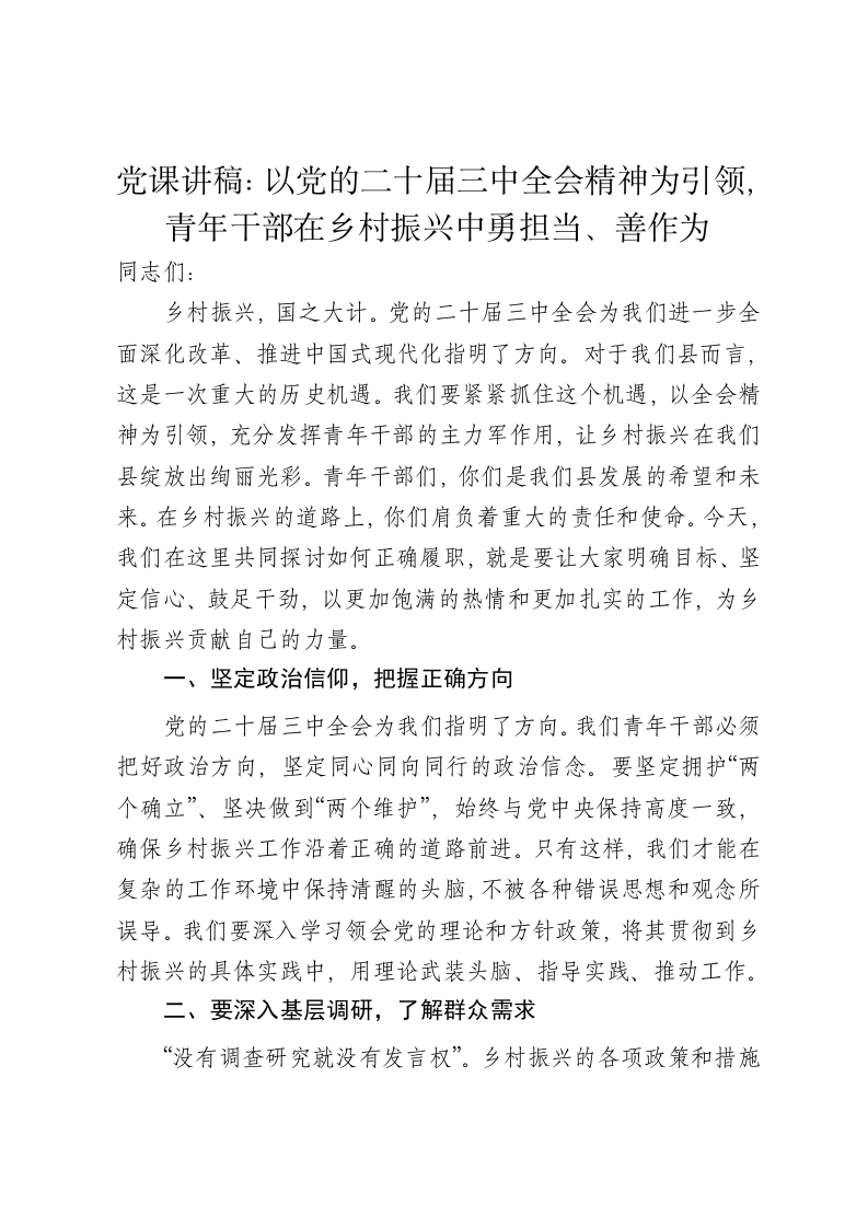 党课讲稿：以党的二十届三中全会精神为引领，青年干部在乡村振兴中勇担当、善作为 - 新网知识库-新网知识库