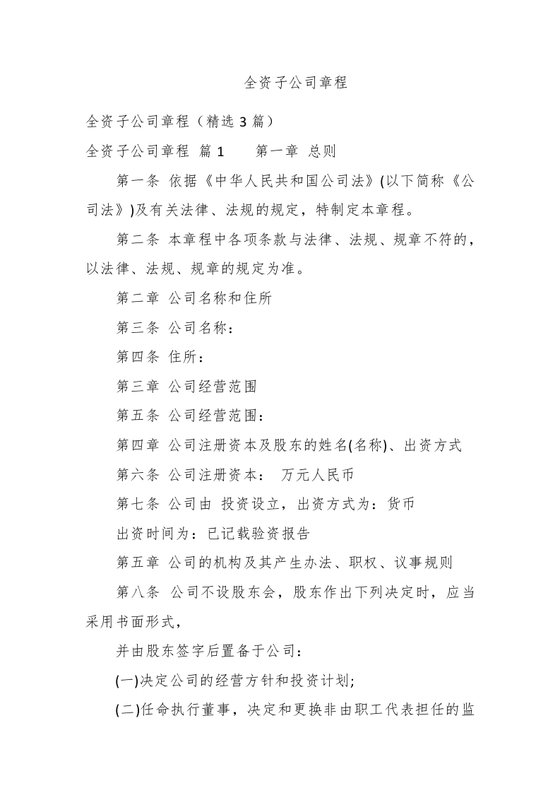 全资子公司章程 - 新网知识库-新网知识库