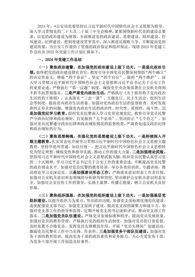 公安局2024年党建工作总结及2025年党建工作计划-新网知识库