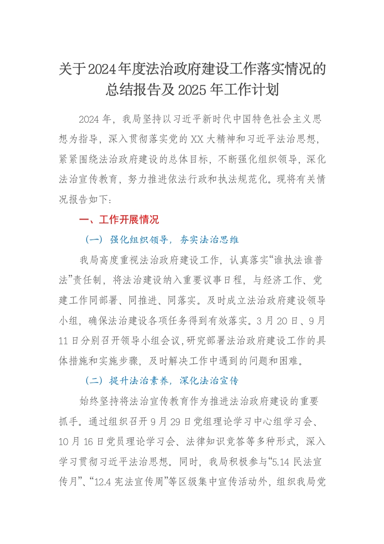 关于2024年度法治政府建设工作落实情况的总结报告及2025年工作计划-新网知识库