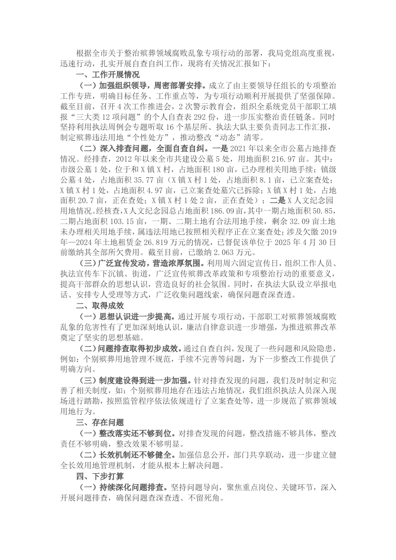 关于全市整治殡葬领域腐败专项行动自查自纠阶段工作进展汇报 - 新网知识库-新网知识库