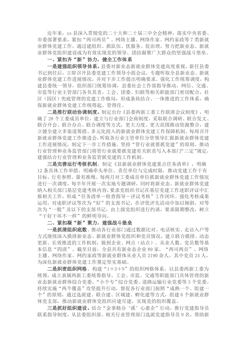 县新就业群体党建工作情况汇报 - 新网知识库-新网知识库
