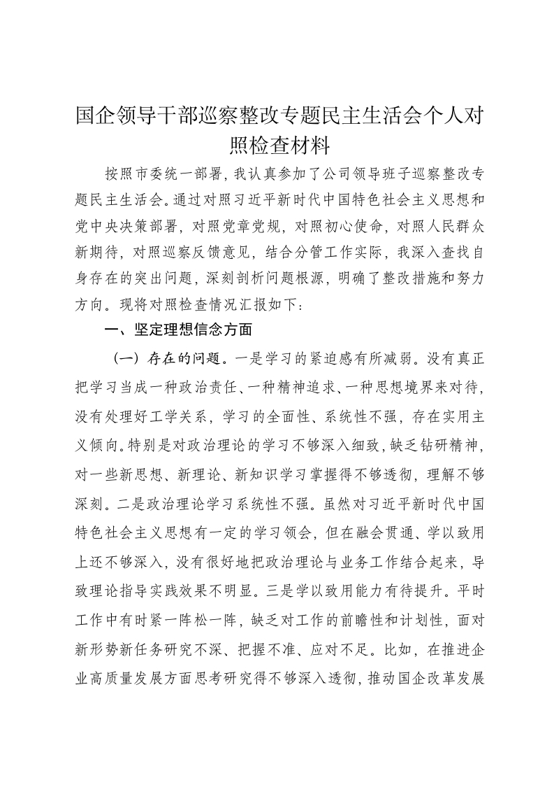 国企领导干部巡察整改专题民主生活会个人对照检查材料 - 新网知识库-新网知识库