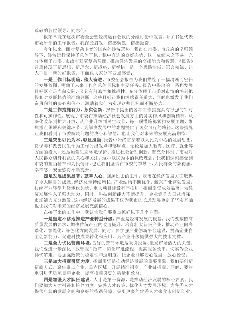 在市委全会暨经济工作会议分组讨论发言 - 新网知识库-新网知识库