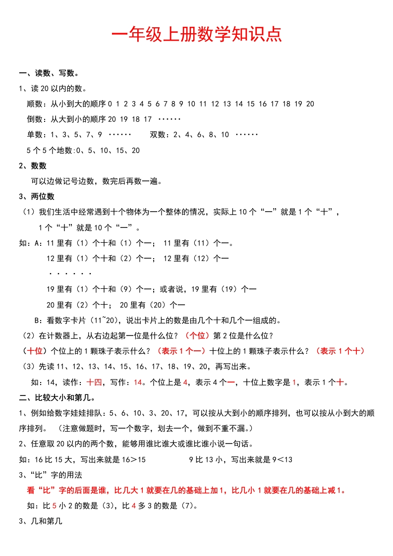 小学一年级数学上册知识点总结 - 新网知识库-新网知识库