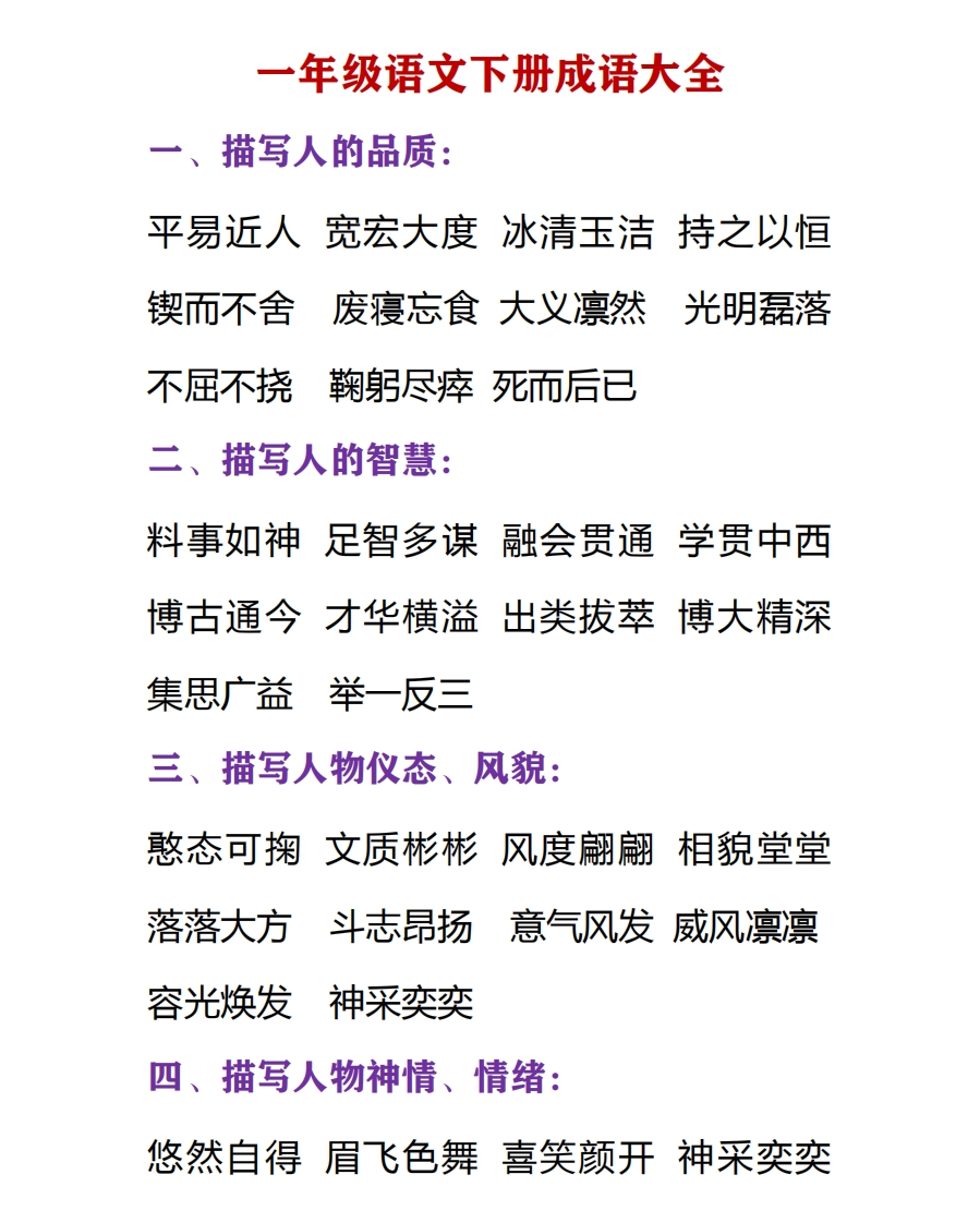 小学语文一年级下册必须掌握的成语分类大全-新网知识库