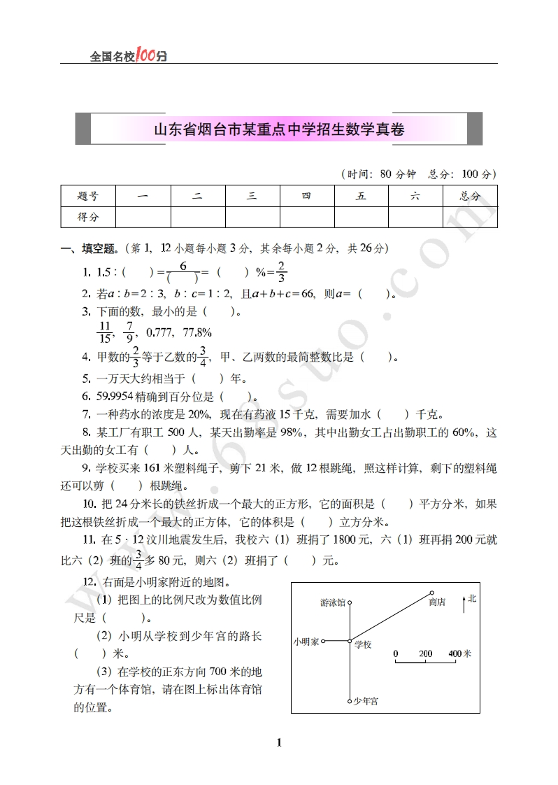 山东省烟台市某重点中学招生数学真卷含答案 - 新网知识库-新网知识库