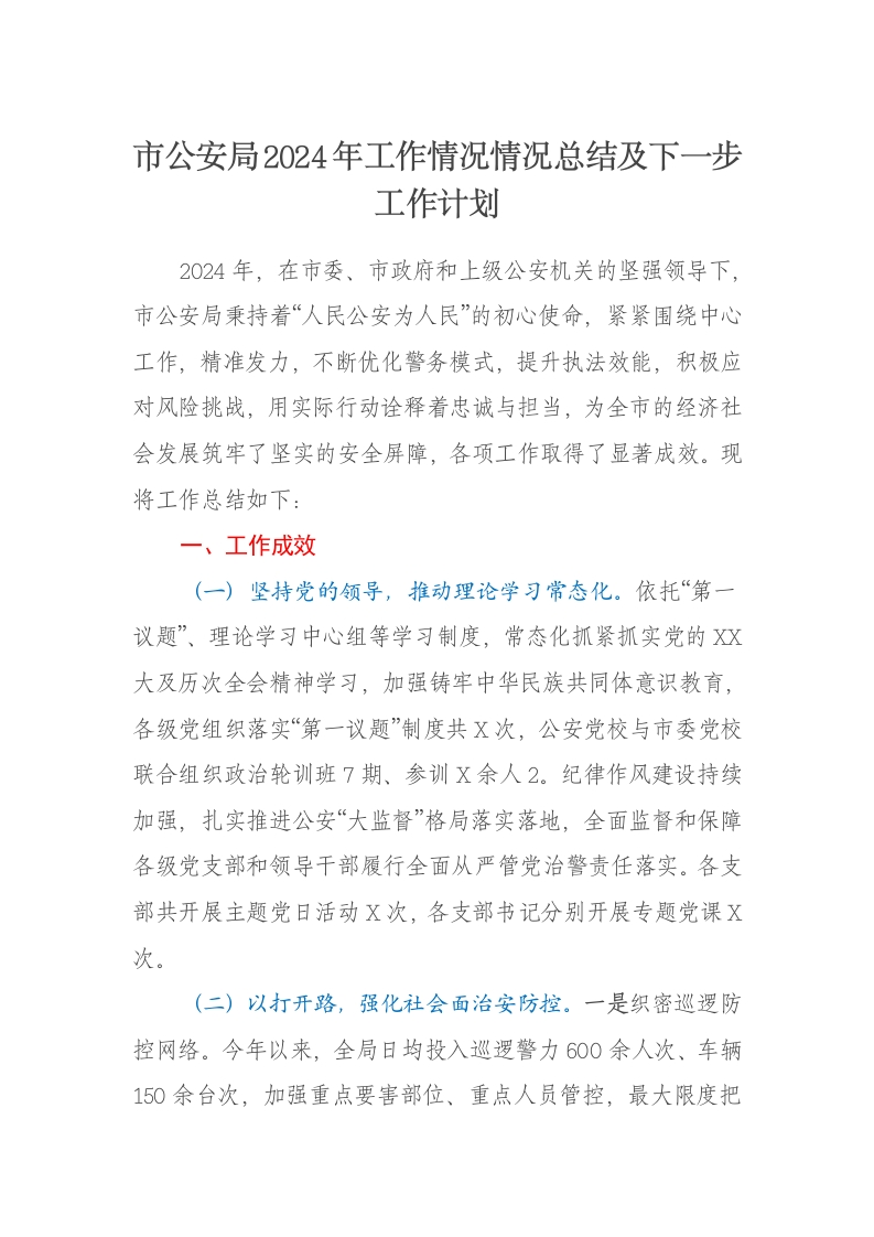 市公安局2024年工作情况情况总结及下一步工作计划 - 新网知识库-新网知识库