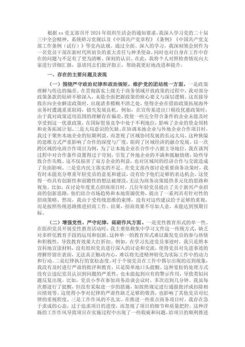 市商务局党支部书记2024年组织生活会个人对照检查发言材料 - 新网知识库-新网知识库