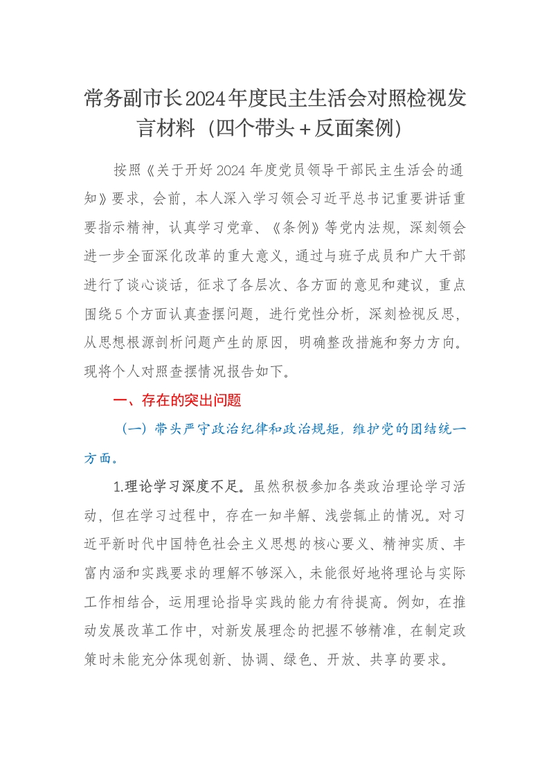 常务副市长2024年度民主生活会对照检视发言材料（四个带头＋反面案例） - 新网知识库-新网知识库