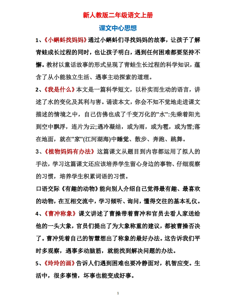最新人教版部编版二年级上册语文课文中心思想及日积月累(1) - 新网知识库-新网知识库