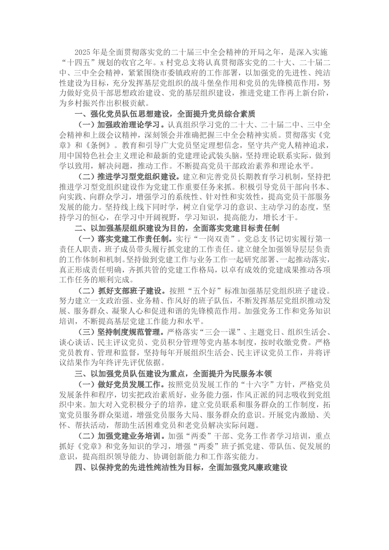 村党总支部2025年党建工作计划 - 新网知识库-新网知识库
