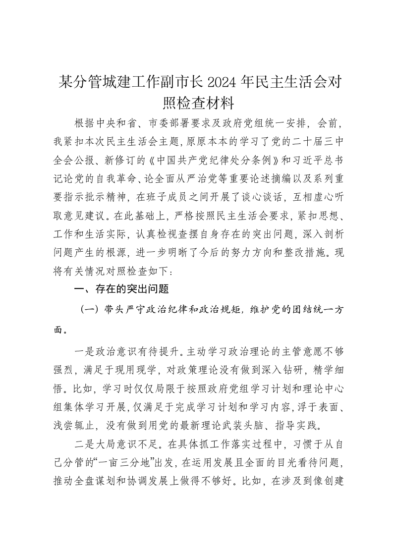 某分管城建工作副市长2024年民主生活会对照检查材料（四个带头） - 新网知识库-新网知识库