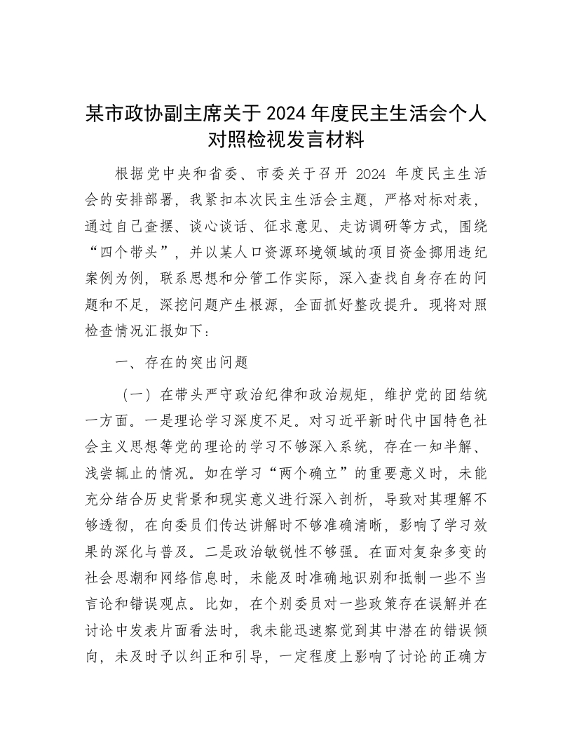 某市政协副主席关于2024年度民主生活会个人对照检视发言材料 - 新网知识库-新网知识库