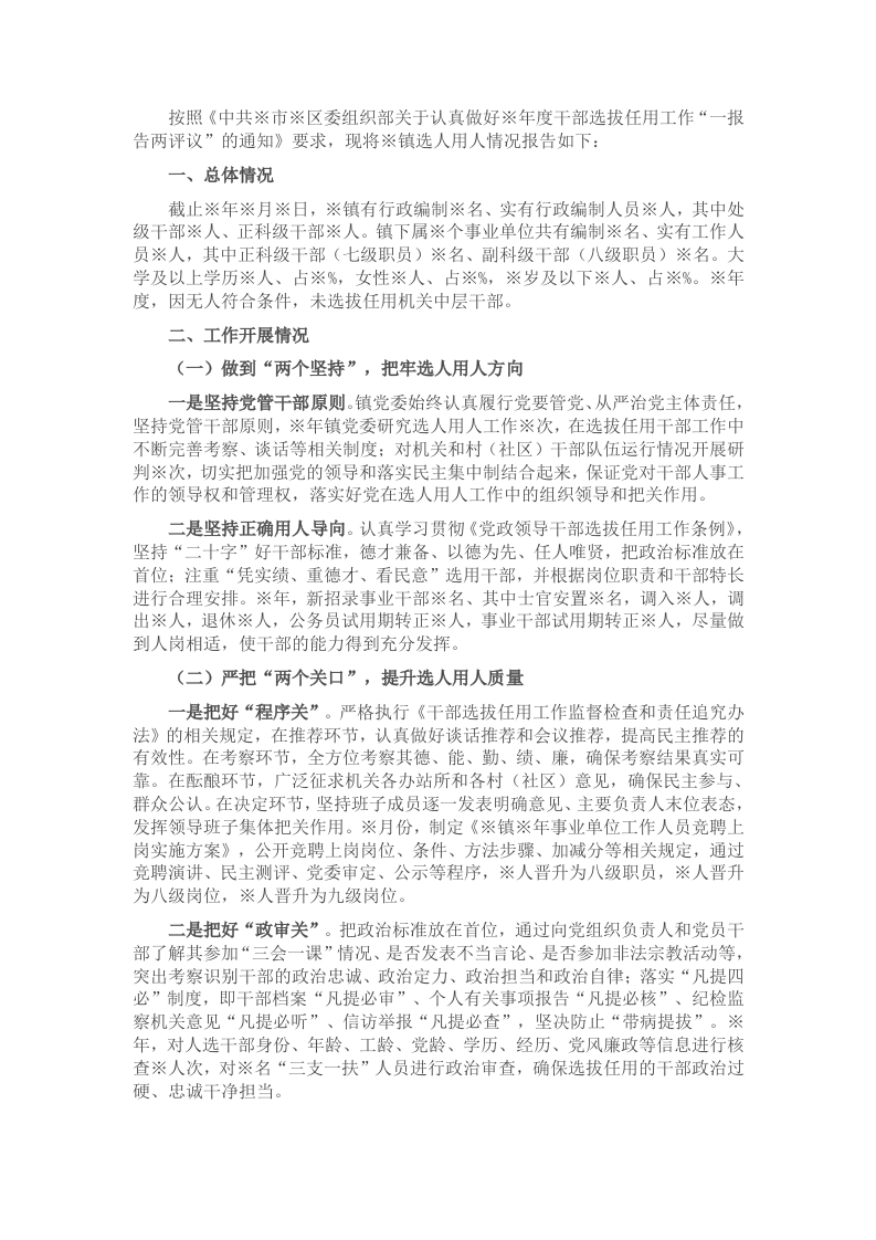 某镇选人用人“一报告两评议”专题报告 - 新网知识库-新网知识库