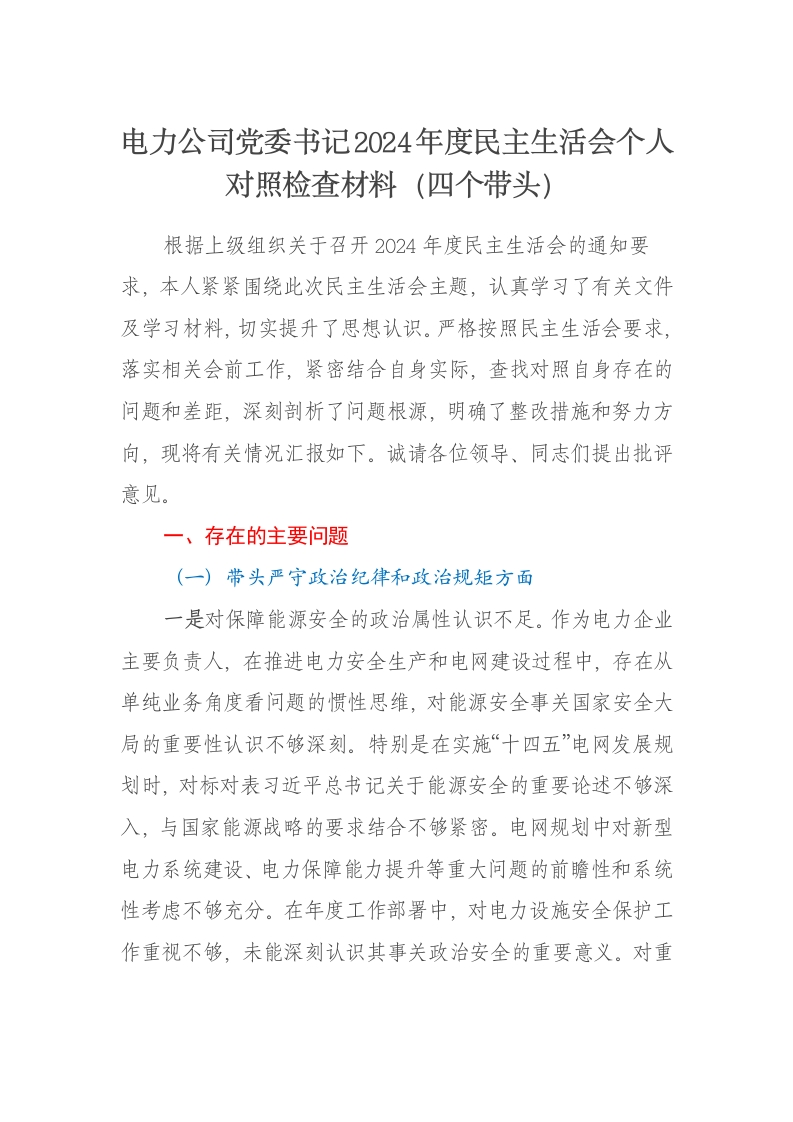 电力公司党委书记2024年度民主生活会个人对照检查材料（四个带头） - 新网知识库-新网知识库
