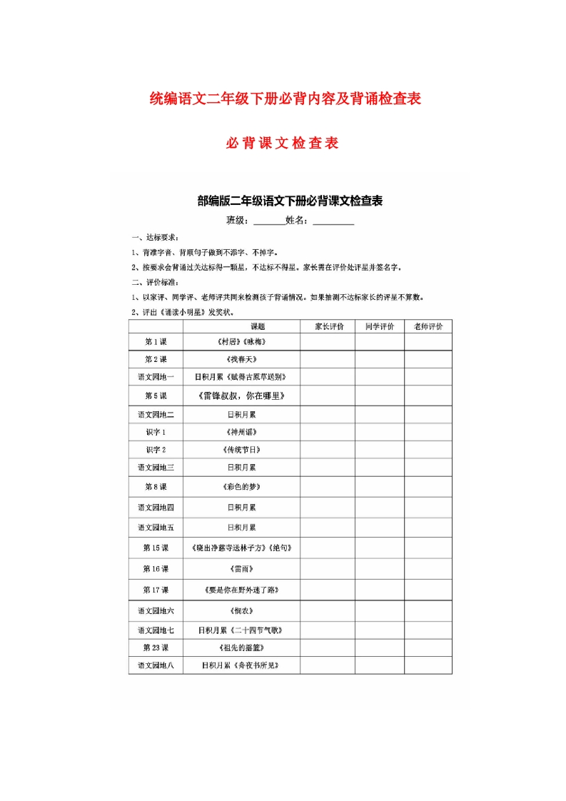 语文二年级下册必背内容背诵闯关表(1) - 新网知识库-新网知识库