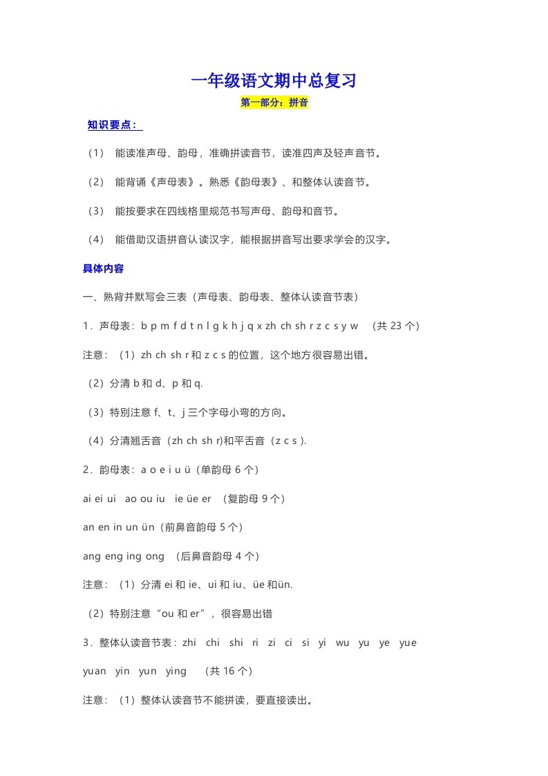 部编一年级语文上册-语文期中必备考点汇总-新网知识库