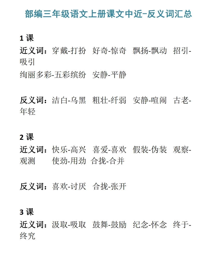 部编三年级语文上册课文中近-反义词汇总 - 新网知识库-新网知识库