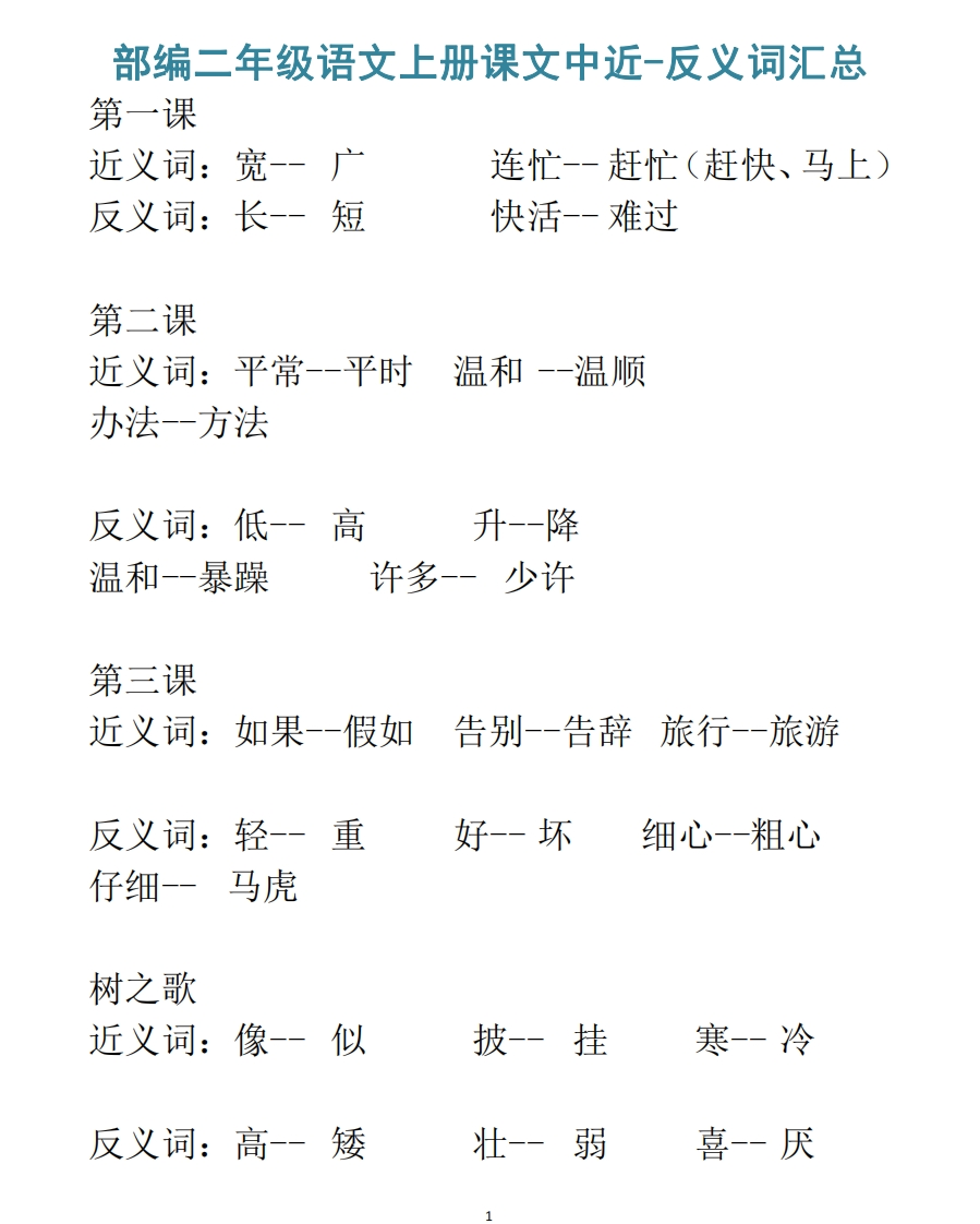 部编二年级语文上册课文中近-反义词汇总 - 新网知识库-新网知识库