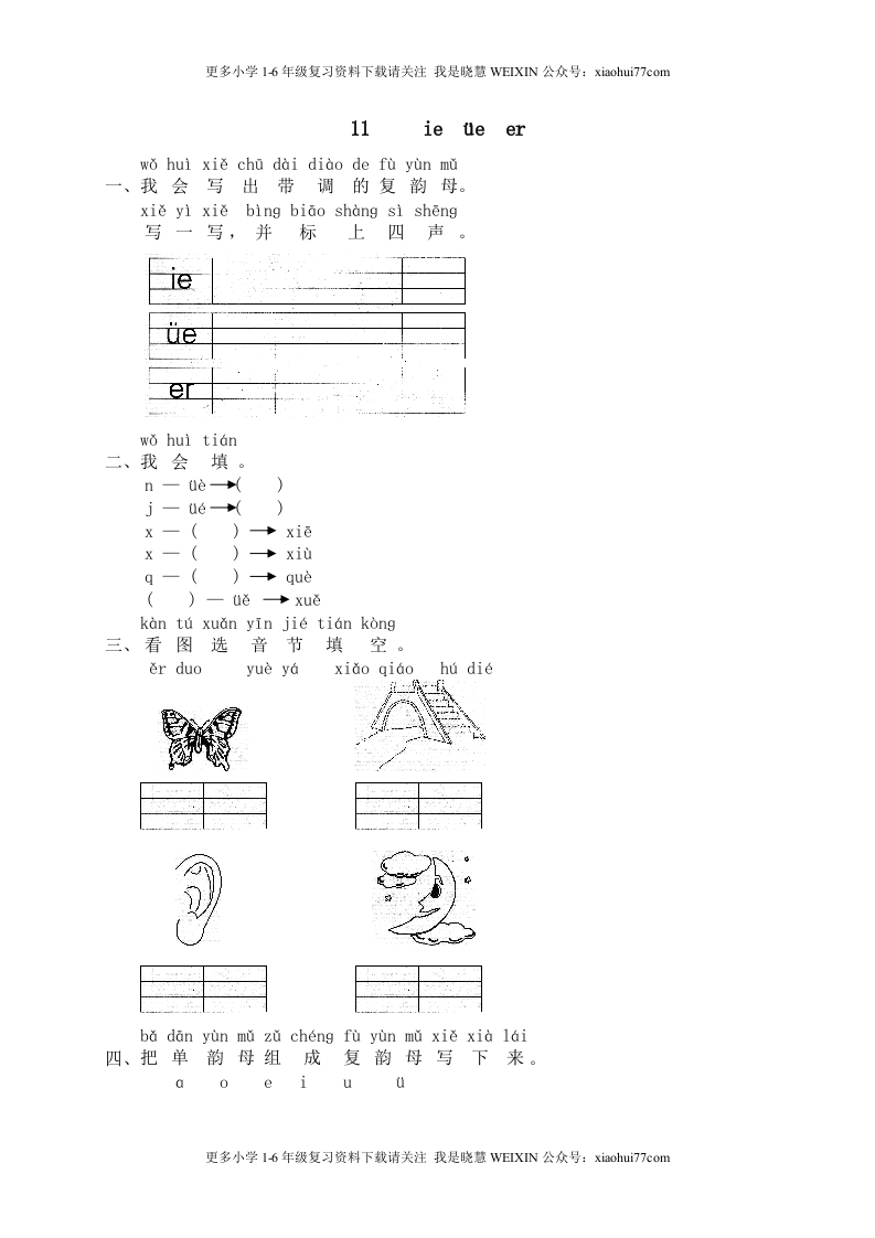 部编版-一年级上册上学期一课一练习题-语文课时练：汉语拼音11：ieüeer - 新网知识库-新网知识库