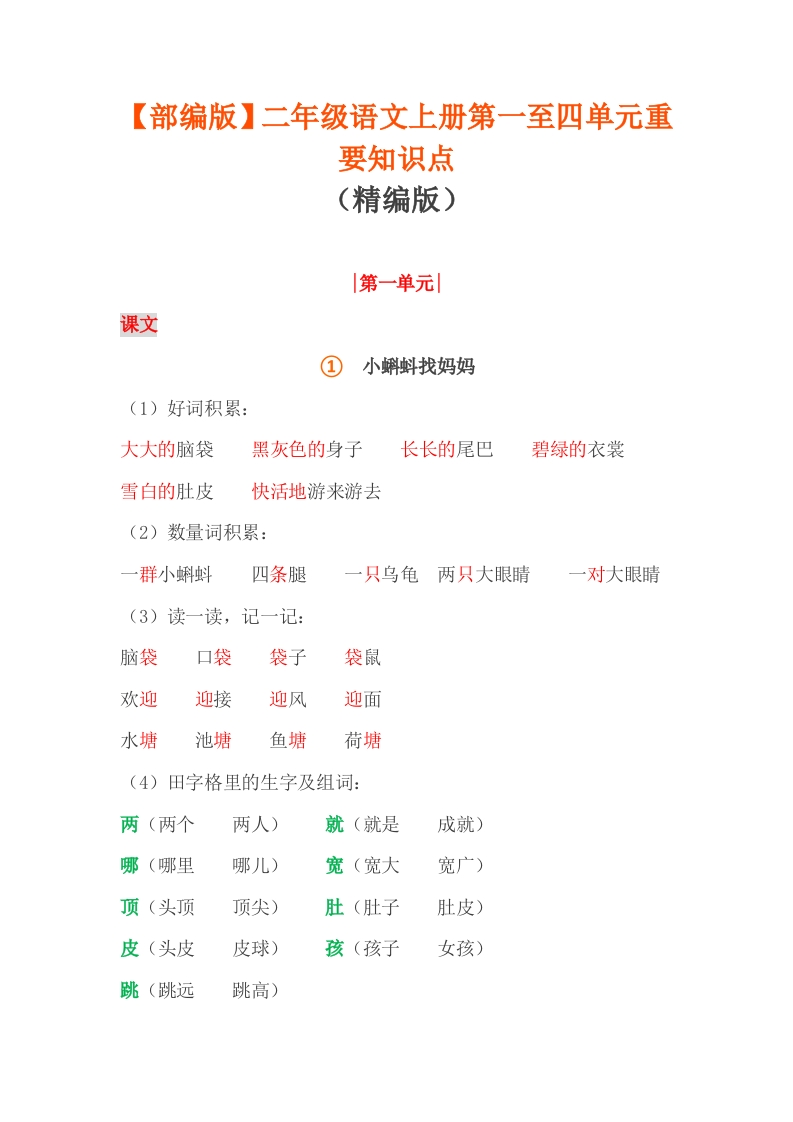 部编版二年级语文上册1-4单元重要知识点(1) - 新网知识库-新网知识库