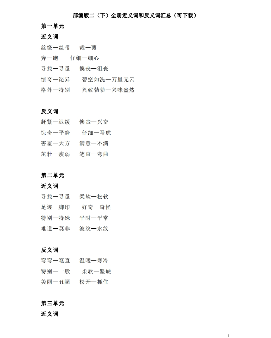 部编版二年级（下册）全册近义词和反义词汇总（可下载）(1) - 新网知识库-新网知识库