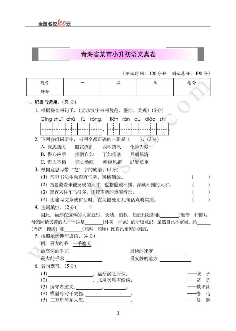 青海省某市小升初语文真卷含答案 - 新网知识库-新网知识库